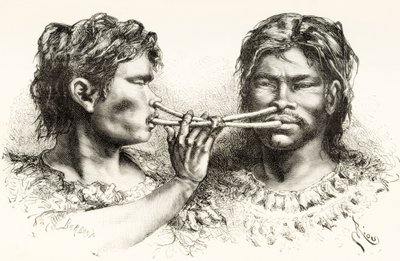 Indiani Witoto o Huitoto, popolo indigeno del sud-est della Colombia e del nord del Perù, che prendono tabacco da fiuto da Spanish School