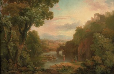 Un paesaggio classico con pescatori e lavandaie, una villa in cima a una collina e le montagne al di là. da Sr. George Barret