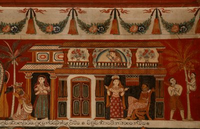 Dipinto murale che raffigura una casa singalese nel Tempio Subdharama, Dehiwala da Sri Lankan School