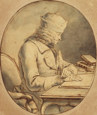 Voltaire seduto a una scrivania con un berretto, di profilo a sinistra da Stanislas Jean