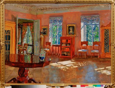 Interno della biblioteca in una villa. Dipinto di Stanislav Yulianovich Zhukovsky (1873-1944), olio su tela, circa 1910. Arte russa, XX secolo, modernismo. Museo Statale d