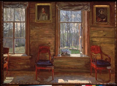 Maggio gioioso. (Vista di un bosco soleggiato, dalle finestre di una casa di campagna, decorata con ritratti dipinti e tende) da Stanislav Joulianovitch Joukovski