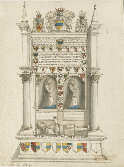 Chiesa di Sandon - Tomba di Sampson Erdeswicke: disegno a lavaggio di seppia da Stebbing Shaw