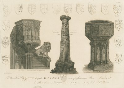 Wolverhampton - Pulpito, colonna e fonte nella chiesa di San Pietro: incisione da Stebbing Shaw