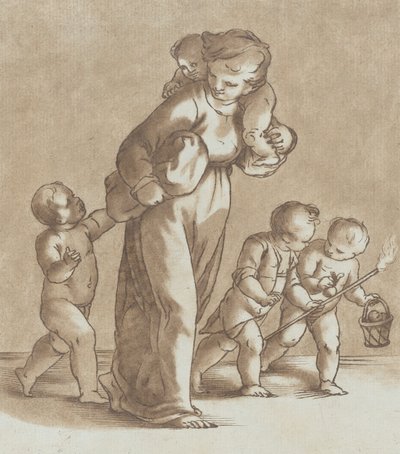 Una giovane ragazza cammina verso sinistra con un bambino sulla spalla e tenendo un altro, ca. 1780 da Stefano Mulinari