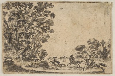 Piatto 4: una caccia al cervo, due cavalieri che galoppano verso destra dietro tre cani, dopo 1642 da Stefano della Bella