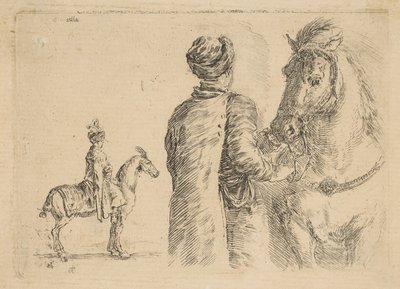 Un groom polacco, di spalle, che tiene un cavallo per le briglie da Stefano della Bella