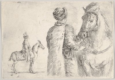 Un valletto polacco, visto da dietro, che tiene le briglie di un cavallo a destra, un cavaliere polacco..., ca. 1662 da Stefano della Bella