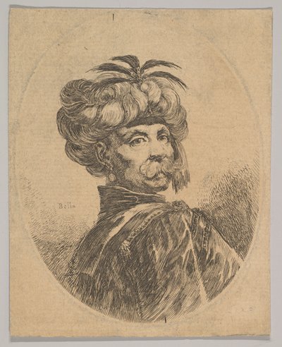 Un uomo turco con i baffi, che indossa un turbante decorato con cinque piume di airone da Stefano della Bella