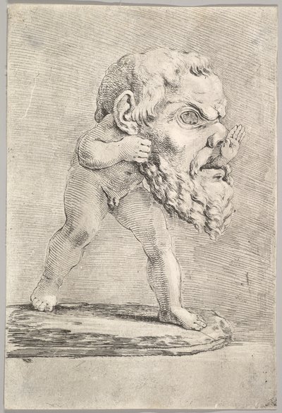 Un bambino che indossa una grande maschera e inserisce la mano attraverso la bocca, ca. 1660 da Stefano della Bella