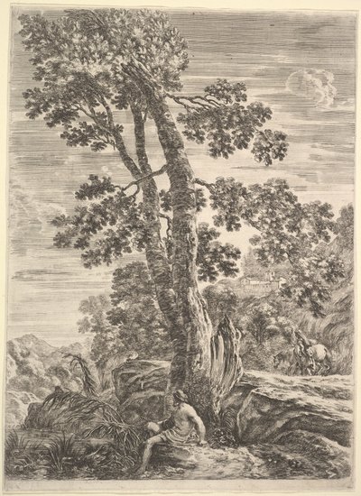 Un pescatore al centro rivolto a sinistra e appoggiato a un grande albero, una donna che cammina..., ca. 1652-57 da Stefano della Bella