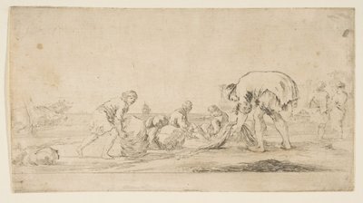 Un pescatore che porta le sue reti, un uomo a sinistra che spinge un balla a destra, due seduti..., ca. 1662 da Stefano della Bella