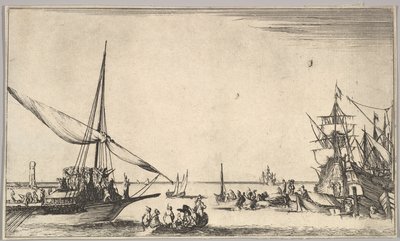Una galera che arriva al porto a sinistra, diverse barche a remi al centro, navi al porto a destra da Stefano della Bella