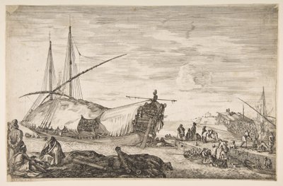 Una galea coperta di vele a sinistra, sei cannoni e quattro persone in primo piano a sinistra, 1655 da Stefano della Bella