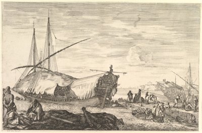 Una galea coperta di vele a sinistra, sei cannoni e quattro persone in primo piano, ca. 1652-57 da Stefano della Bella