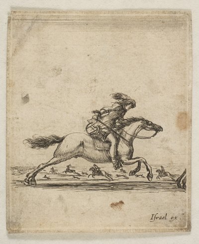 Un cavaliere con spada in mano che galoppa verso destra, altri cavalieri che galoppano da Stefano della Bella
