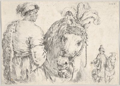 Un uomo a sinistra di profilo che dà una manciata di fieno a un cavallo al centro, un cavaliere a destra, ca. 1662 da Stefano della Bella