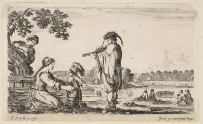 Un uomo che suona il violino al centro, rivolto verso sinistra in profilo, una donna seduta a ..., 1649 da Stefano della Bella