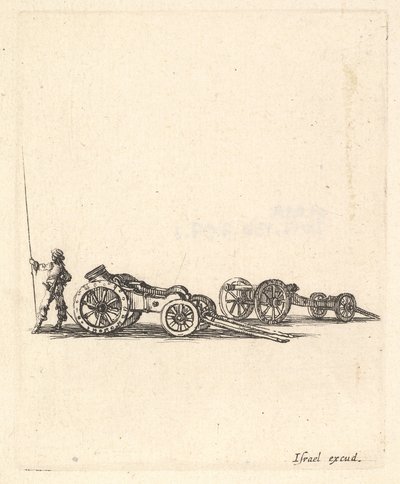 Un mortaio e un cannone, entrambi montati su carri, un soldato visto di spalle, ca. 1638-43 da Stefano della Bella