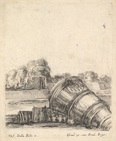 Un mortaio senza carro sdraiato a destra, soldati che sparano canno..., ca. 1638-43 da Stefano della Bella
