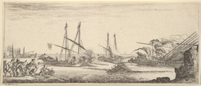 Una battaglia navale, una barca piena di uomini a sinistra, una nave che affonda a destra, due galee in battaglia da Stefano della Bella