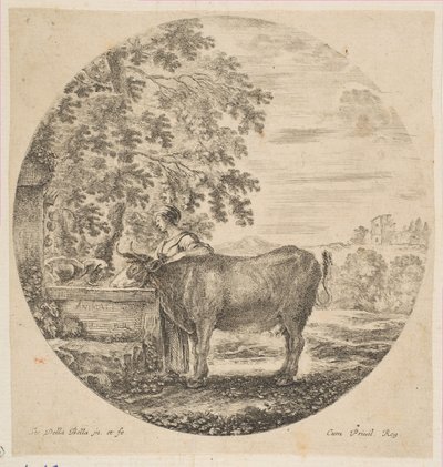 Una contadina con una mucca a una fontana decorata con le armi dei Medici da Stefano della Bella