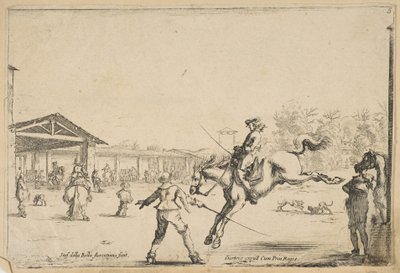 Una scuola di equitazione, un cavaliere con spada che salta diretto da un altro uomo con spada da Stefano della Bella