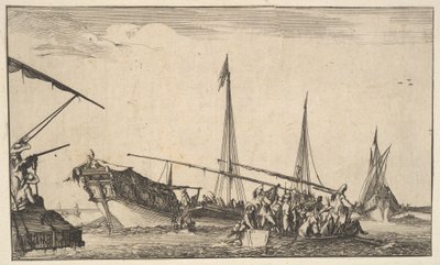 Una barca a remi piena di uomini a destra, una nave con uomini che scendono in una barca a remi dietro a sinistra da Stefano della Bella