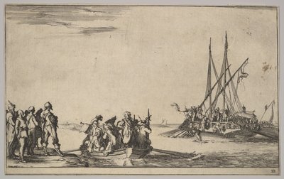 Una barca piena di uomini al centro, un gruppo di uomini in piedi sulla riva a sinistra, una nave piena di ..., 1639 da Stefano della Bella