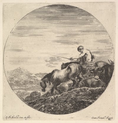 Un pastore a destra, rivolto a sinistra, che guida un gruppo di animali in discesa, ca. 1643-48 da Stefano della Bella