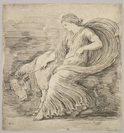 Una donna di profilo che tira una corda legata alle corna di un giovane toro, ca. 1660 da Stefano della Bella