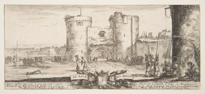 Un ingresso a una fortezza al centro, una donna con bambino seduta vicino a un fuoco a destra, ca. 1641 da Stefano della Bella
