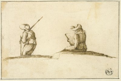 Artista che disegna e soldato, entrambi visti di spalle da Stefano della Bella