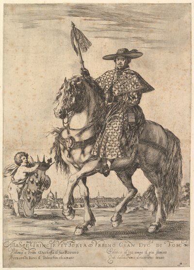 Bernardino Ricci, detto il Tedeschino, a cavallo al centro, cavalcando verso sinistra da Stefano della Bella