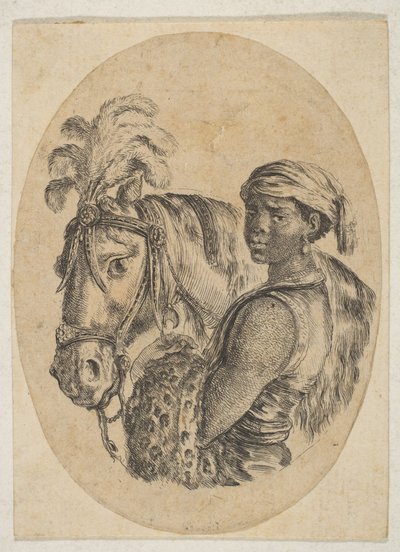 Schiavo nero porta una pelle di leopardo e tiene le redini di un cavallo, da Diverse teste da Stefano della Bella