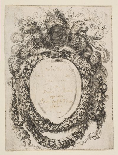 Cartiglio coronato da elmo e leopardi da Stefano della Bella