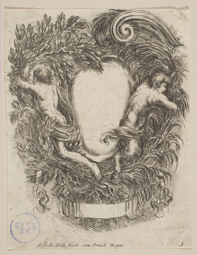 Cartiglio incorniciato da Apollo e Pan da Stefano della Bella