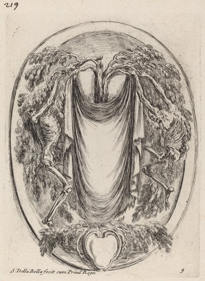 Cartiglio a forma di drappo sospeso da un cipresso fiancheggiato da scheletri, 1647 da Stefano della Bella