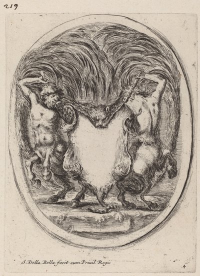 Cartiglio a forma di tigre scuoiata sostenuto da centauri, 1647 da Stefano della Bella