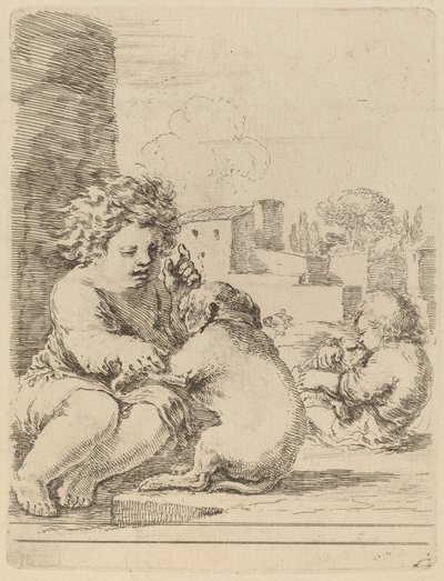 Bambino che gioca con un cane da Stefano della Bella