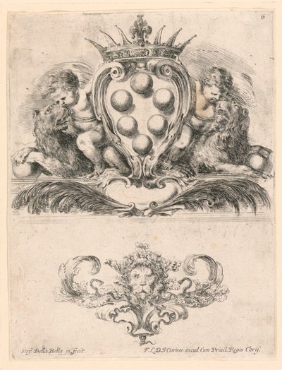 Stemma del Granduca di Toscana: ornamento con una maschera di leone, n. 6 da "Raccolta di varii cappriccii et nove inventioni di cartelle et ornamenti" da Stefano della Bella
