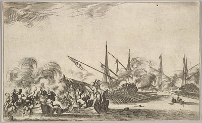 Combattimento tra diverse barche a remi e navi, due gruppi di uomini in barche a remi che combattono a sinistra..., 1639 da Stefano della Bella