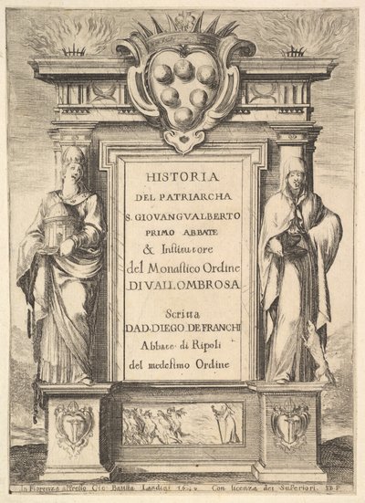 Frontespizio: un monumento decorato con lo stemma dei Medici in alto al centro, fiamme, 1640 da Stefano della Bella