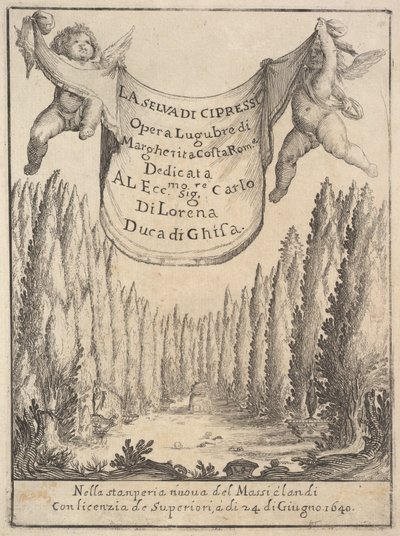 Frontespizio per La selva di cipressi: due putti tengono un arazzo, 1640 da Stefano della Bella