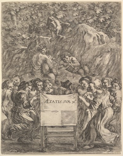 Frontespizio per Le Opere di Scarron, il poeta seduto su una sedia, 1649 da Stefano della Bella