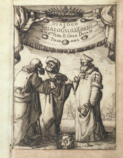 Galileo (sinistra) conversa con Tolomeo (centro) e Copernico (frontespizio illustrato) da Stefano della Bella