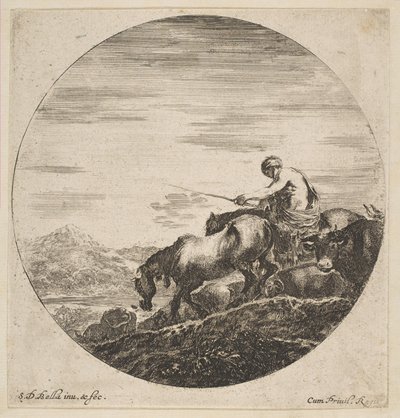 Mandriano a cavallo guida animali, da Sei soggetti animali, ca. 1646 da Stefano della Bella
