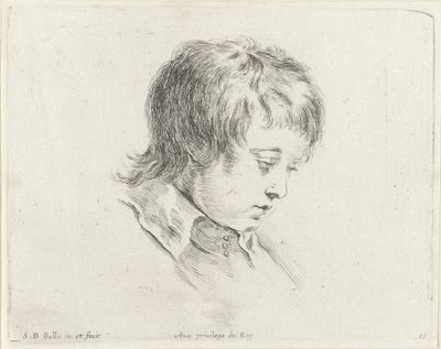 Testa di un giovane che guarda in basso a destra (De beginselen van het tekenen, I principii del disegno) da Stefano della Bella