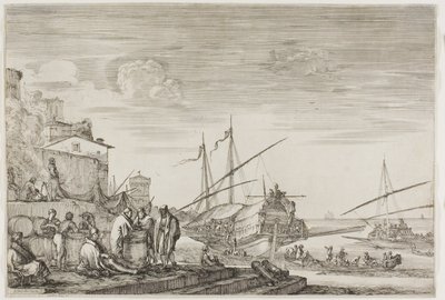 Vedute del porto di Livorno: Case che si affacciano su un porto da Stefano della Bella