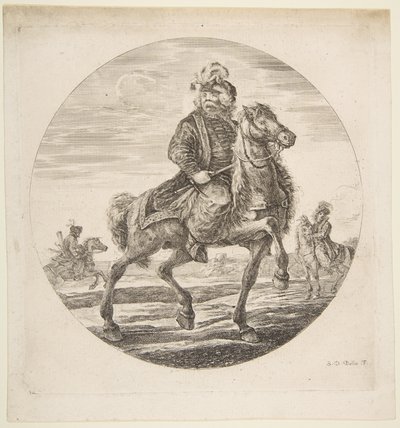 Cavaliere ungherese che cavalca verso destra, altri cavalieri sullo sfondo, un circo..., ca. 1651 da Stefano della Bella